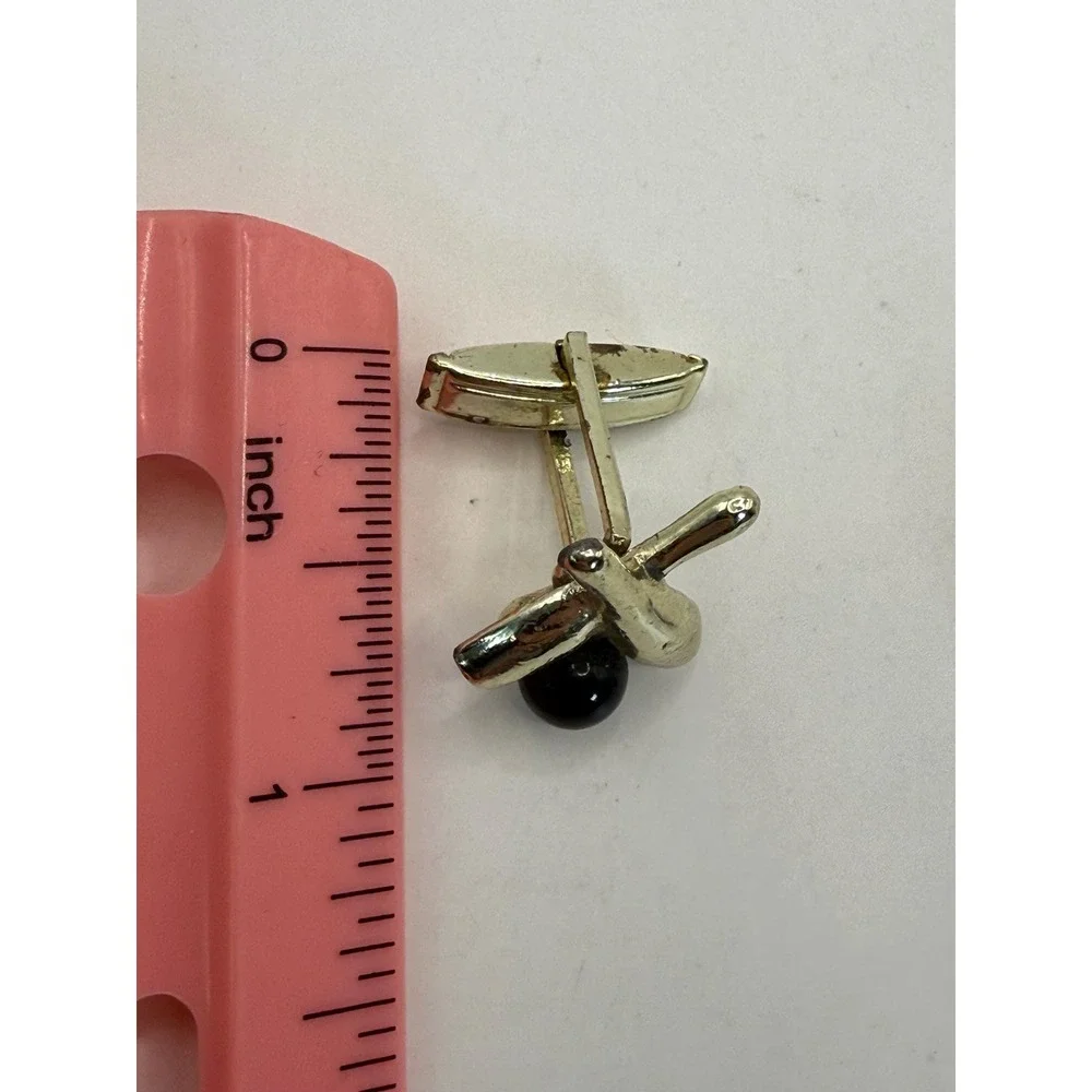 Vintage Bowling Cufflinks Gold Tone Bowling Pins with Black Ball Novelty Jewelry